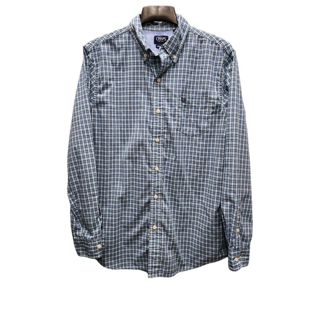 Chaps Button Down Shirt Mens Large Blue Green Plaid Long Sleeve Easy Care Casual